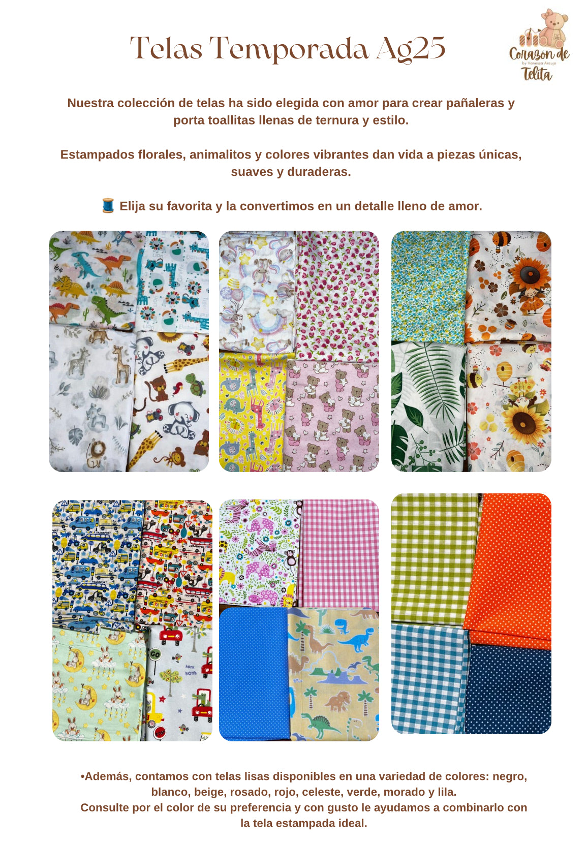 Telas disponibles para pañaleras, mantas, baberos, jardineros…