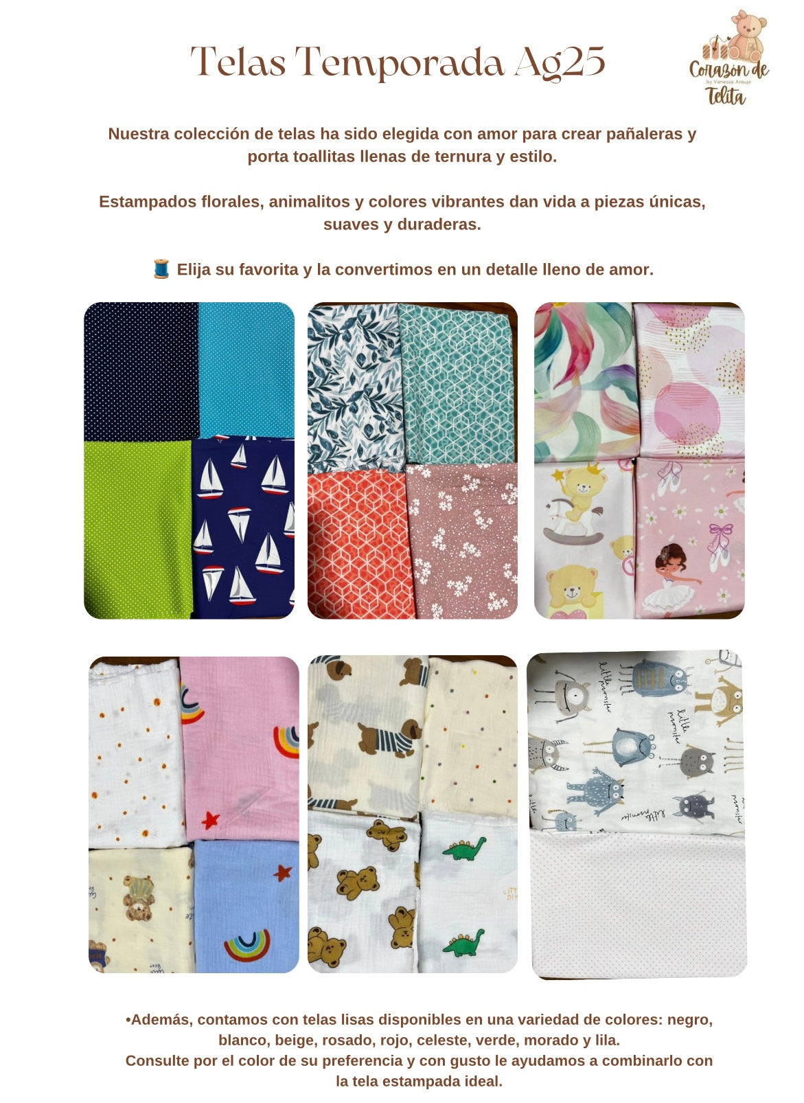 Telas disponibles para pañaleras, mantas, baberos, jardineros…